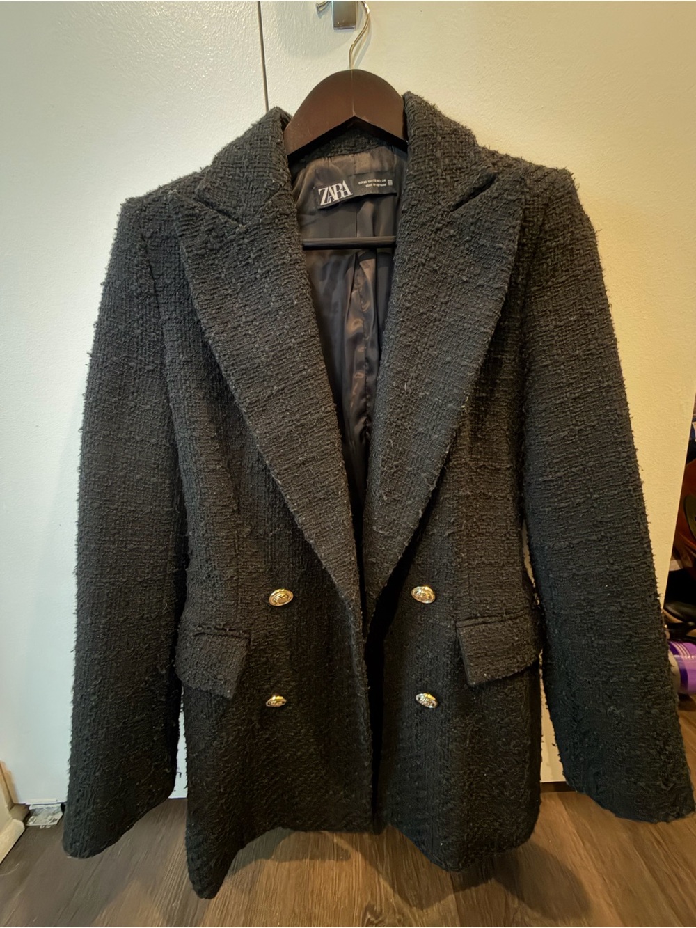 ZARA Black Bouclé Double-Breasted Blazer with Gold Buttons